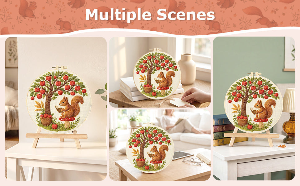 Squirrel - DIY Embroidery Cross Stitch Kit with Pattern Cotton Threads Needles Hoop 30x30CM/11.81x11.81in