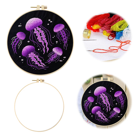 Jellyfish - DIY Embroidery Cross Stitch Kit with Pattern Cotton Threads Needles Hoop 30x30CM/11.81x11.81in