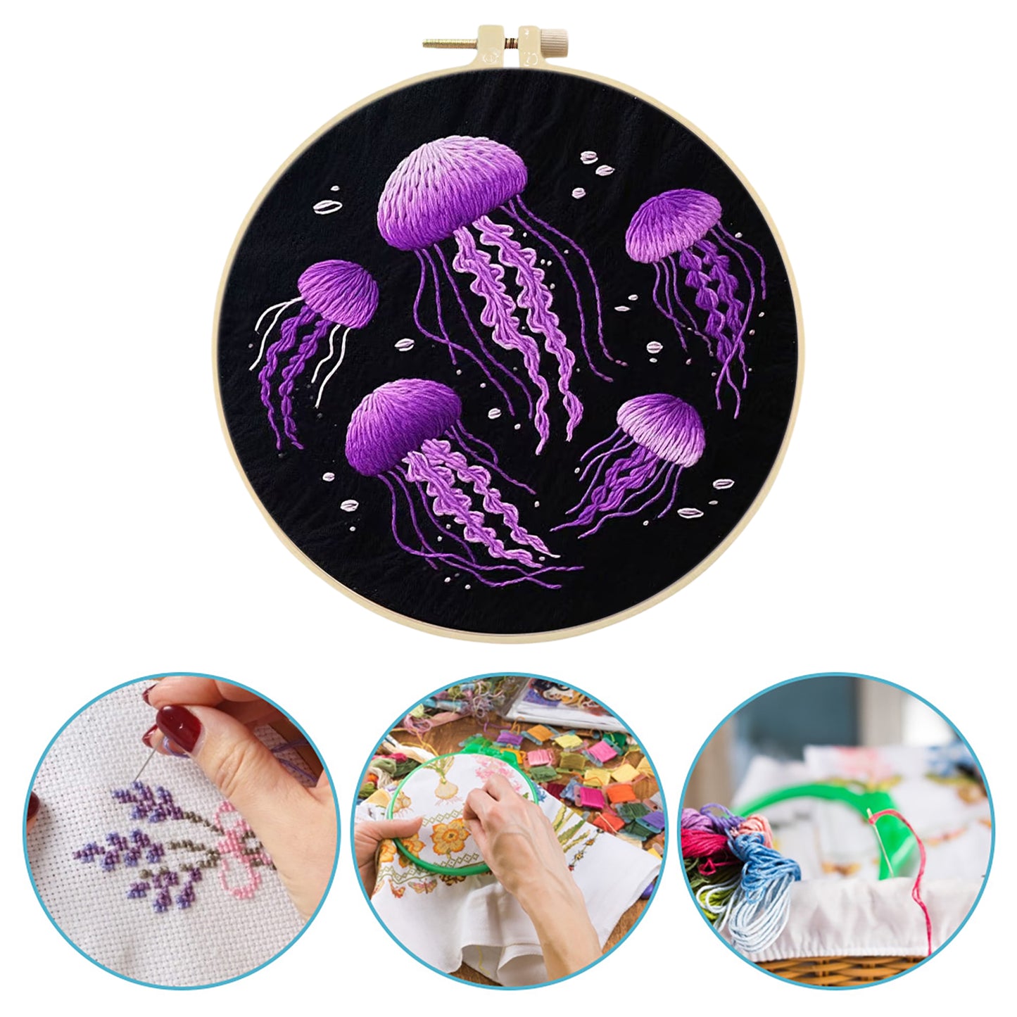Jellyfish - DIY Embroidery Cross Stitch Kit with Pattern Cotton Threads Needles Hoop 30x30CM/11.81x11.81in