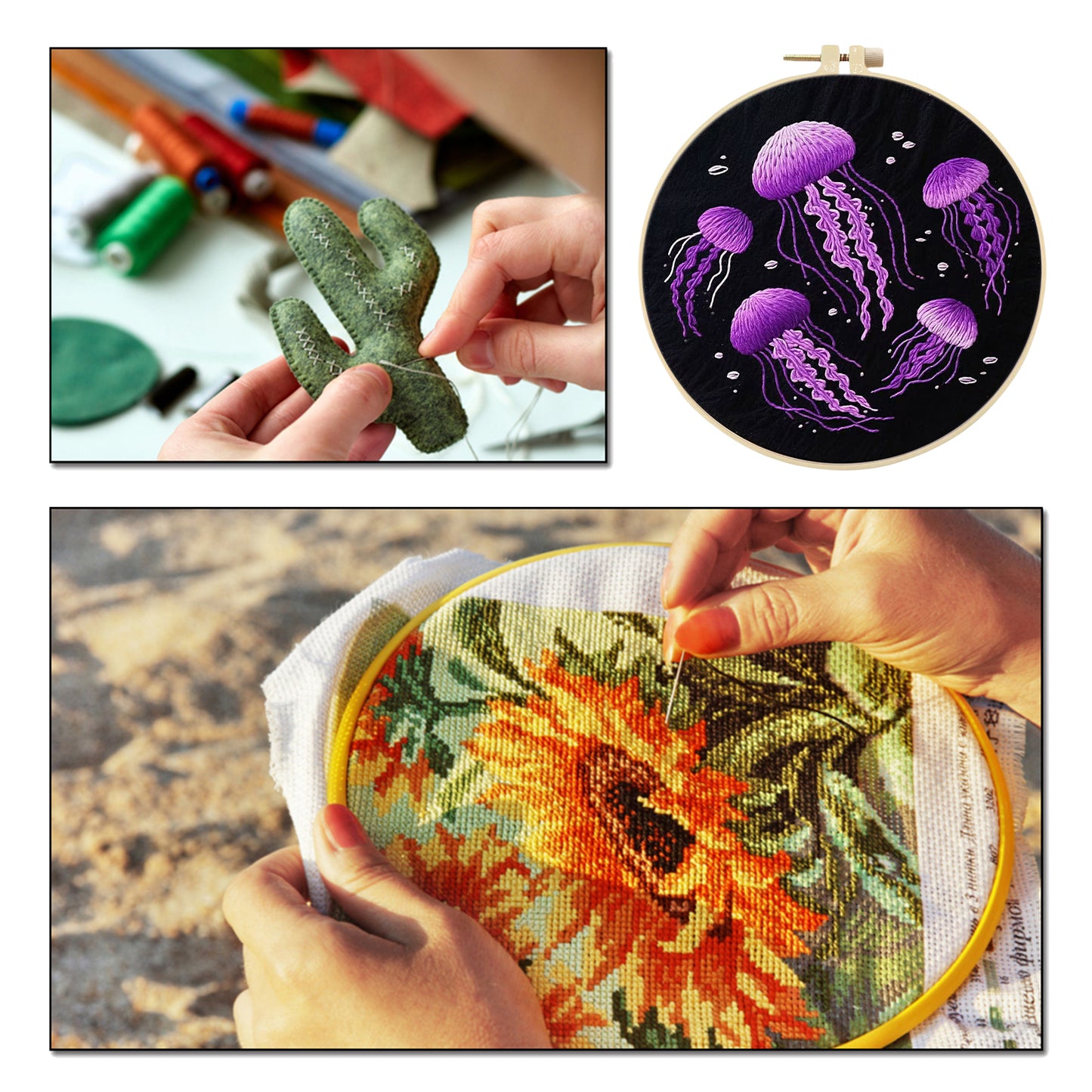 Jellyfish - DIY Embroidery Cross Stitch Kit with Pattern Cotton Threads Needles Hoop 30x30CM/11.81x11.81in