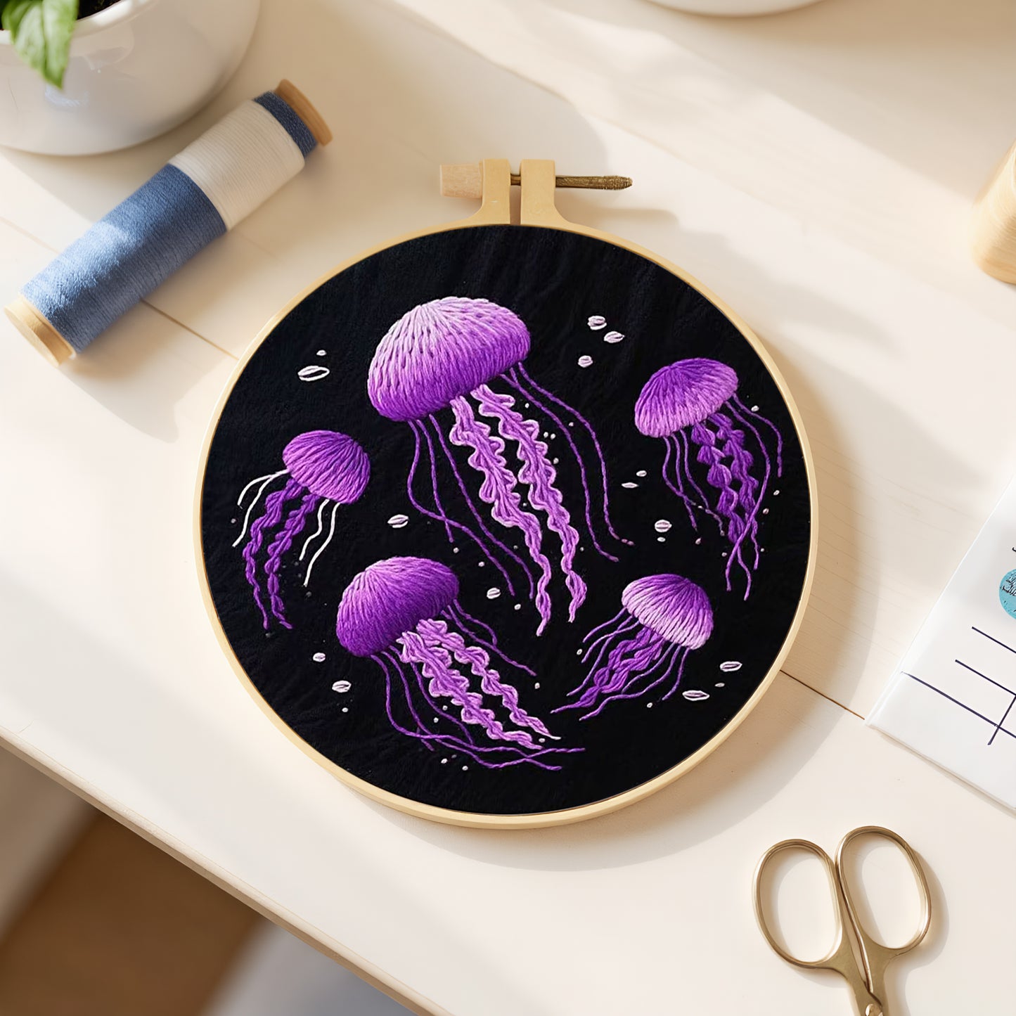 Jellyfish - DIY Embroidery Cross Stitch Kit with Pattern Cotton Threads Needles Hoop 30x30CM/11.81x11.81in