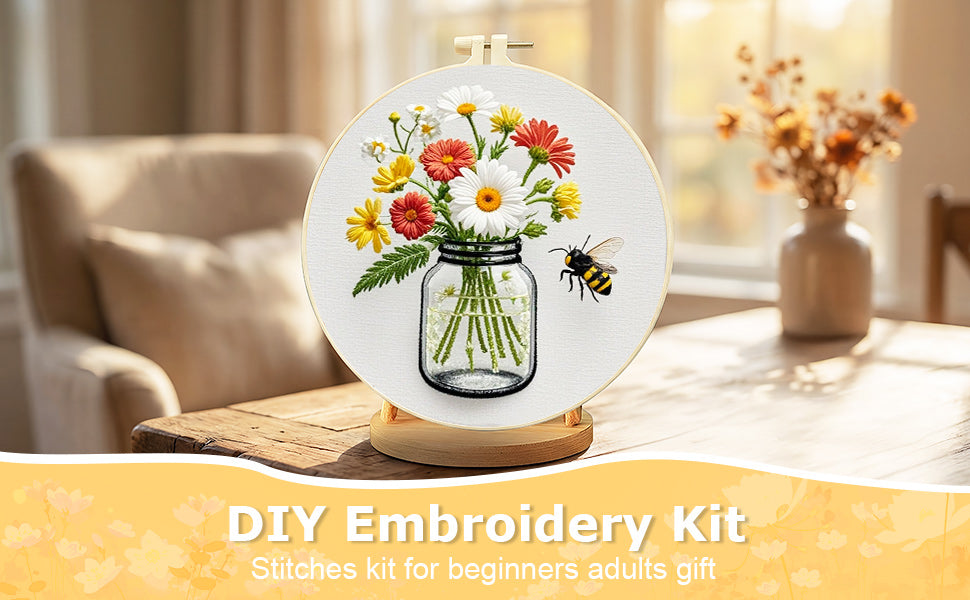 Flowers In Glass Bottle - DIY Embroidery Cross Stitch Kit with Pattern Cotton Threads Needles Hoop 28x28CM/11.02x11.02in