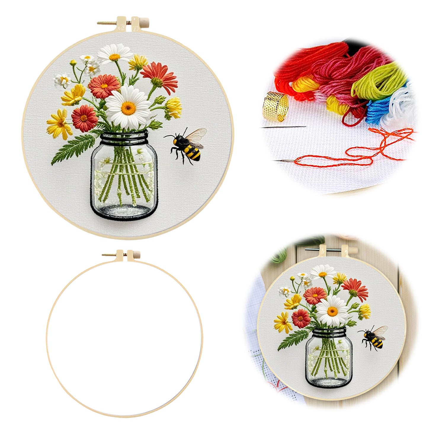Flowers In Glass Bottle - DIY Embroidery Cross Stitch Kit with Pattern Cotton Threads Needles Hoop 28x28CM/11.02x11.02in