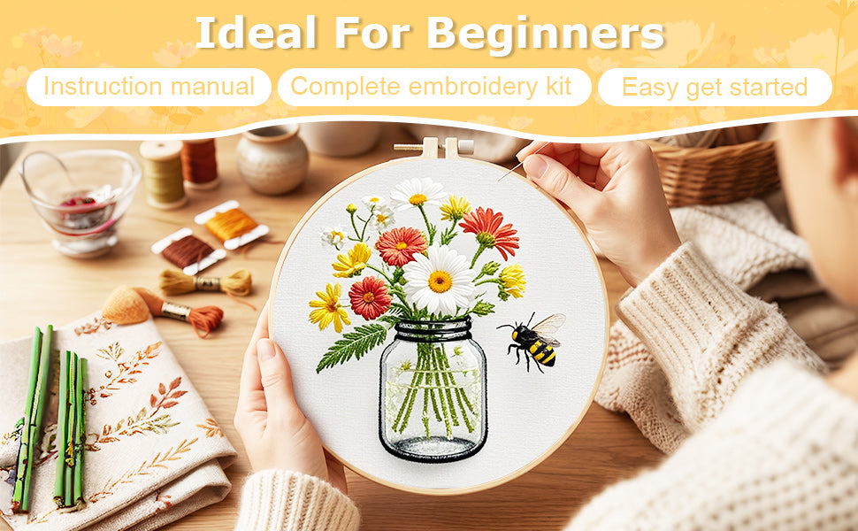Flowers In Glass Bottle - DIY Embroidery Cross Stitch Kit with Pattern Cotton Threads Needles Hoop 28x28CM/11.02x11.02in
