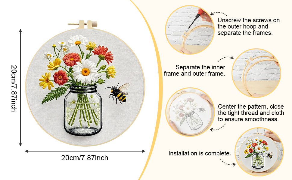 Flowers In Glass Bottle - DIY Embroidery Cross Stitch Kit with Pattern Cotton Threads Needles Hoop 28x28CM/11.02x11.02in