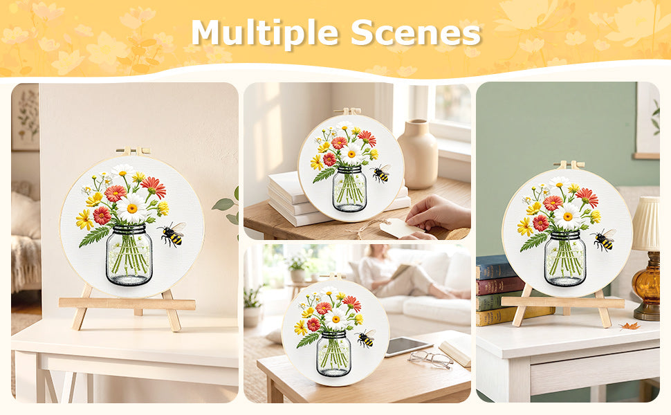 Flowers In Glass Bottle - DIY Embroidery Cross Stitch Kit with Pattern Cotton Threads Needles Hoop 28x28CM/11.02x11.02in