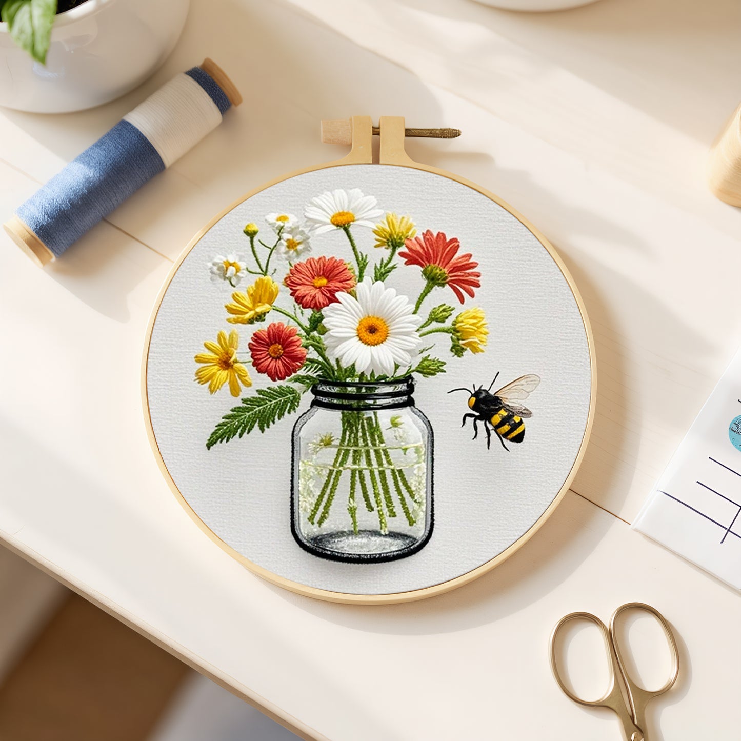 Flowers In Glass Bottle - DIY Embroidery Cross Stitch Kit with Pattern Cotton Threads Needles Hoop 28x28CM/11.02x11.02in