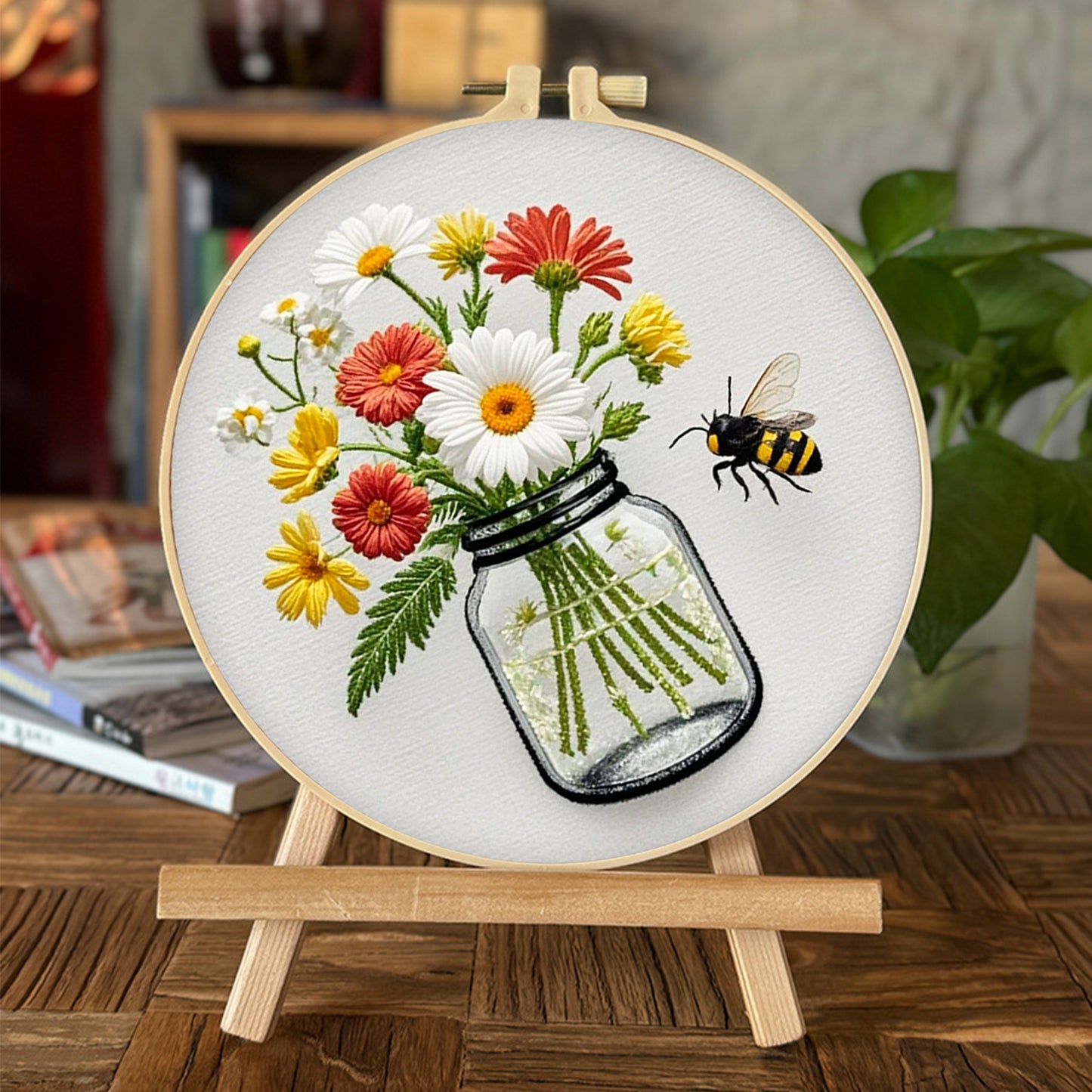 Flowers In Glass Bottle - DIY Embroidery Cross Stitch Kit with Pattern Cotton Threads Needles Hoop 28x28CM/11.02x11.02in