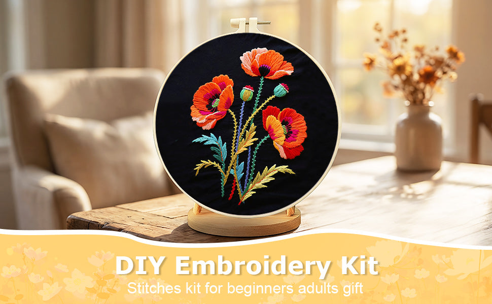 Poppy Flowers - DIY Embroidery Cross Stitch Kit with Pattern Cotton Threads Needles Hoop 30x30CM/11.81x11.81in