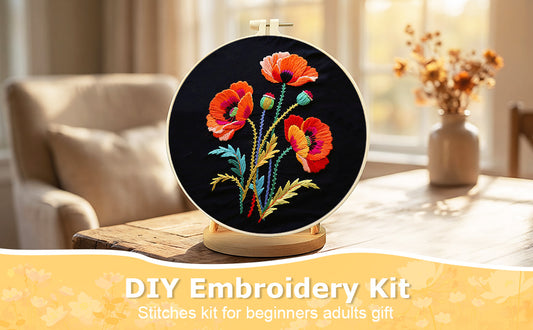 Poppy Flowers - DIY Embroidery Cross Stitch Kit with Pattern Cotton Threads Needles Hoop 30x30CM/11.81x11.81in