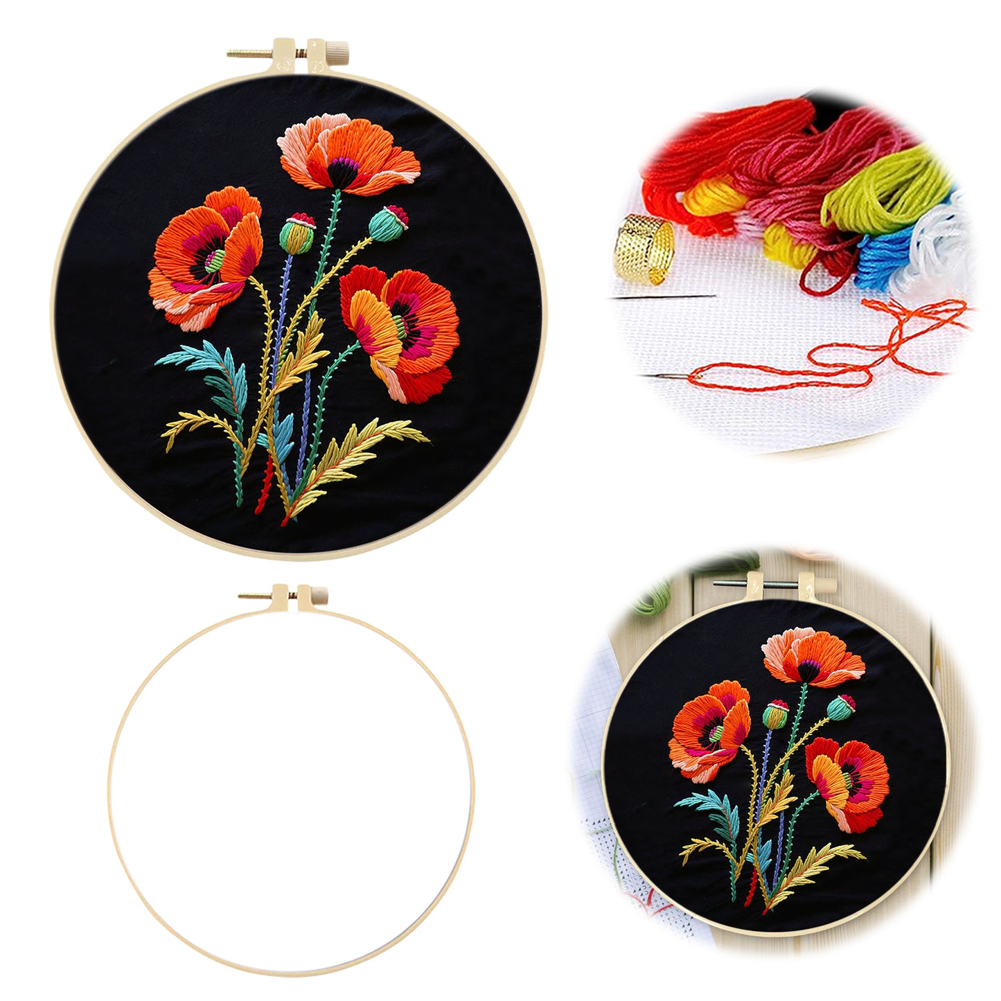 Poppy Flowers - DIY Embroidery Cross Stitch Kit with Pattern Cotton Threads Needles Hoop 30x30CM/11.81x11.81in