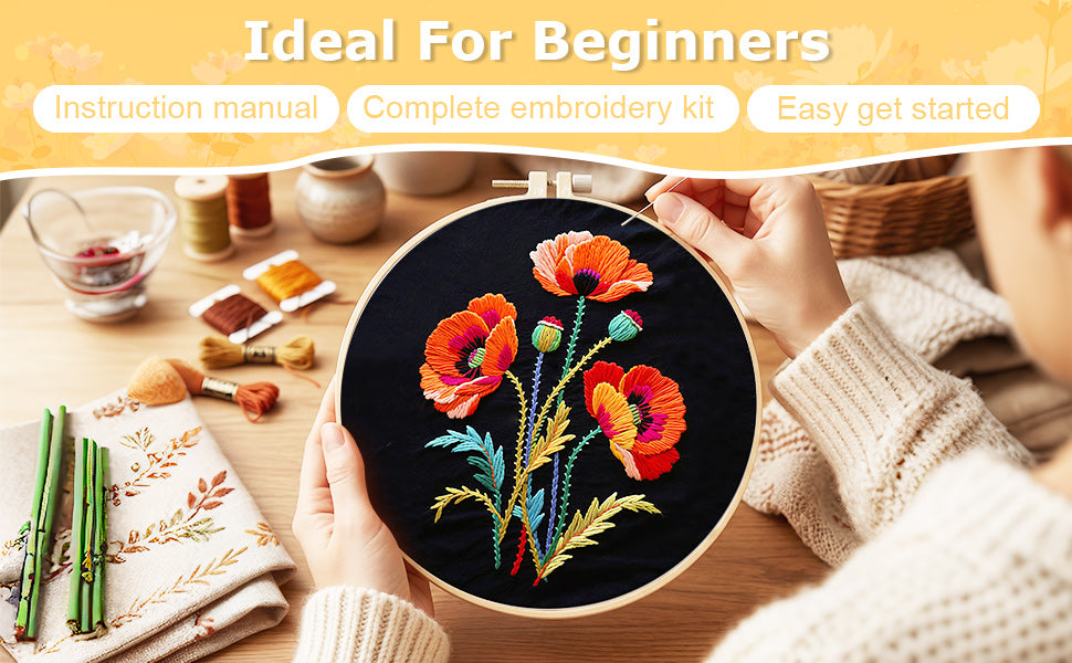 Poppy Flowers - DIY Embroidery Cross Stitch Kit with Pattern Cotton Threads Needles Hoop 30x30CM/11.81x11.81in