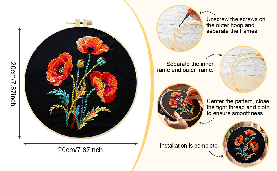 Poppy Flowers - DIY Embroidery Cross Stitch Kit with Pattern Cotton Threads Needles Hoop 30x30CM/11.81x11.81in