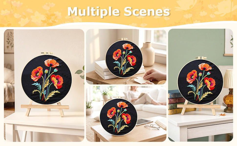 Poppy Flowers - DIY Embroidery Cross Stitch Kit with Pattern Cotton Threads Needles Hoop 30x30CM/11.81x11.81in