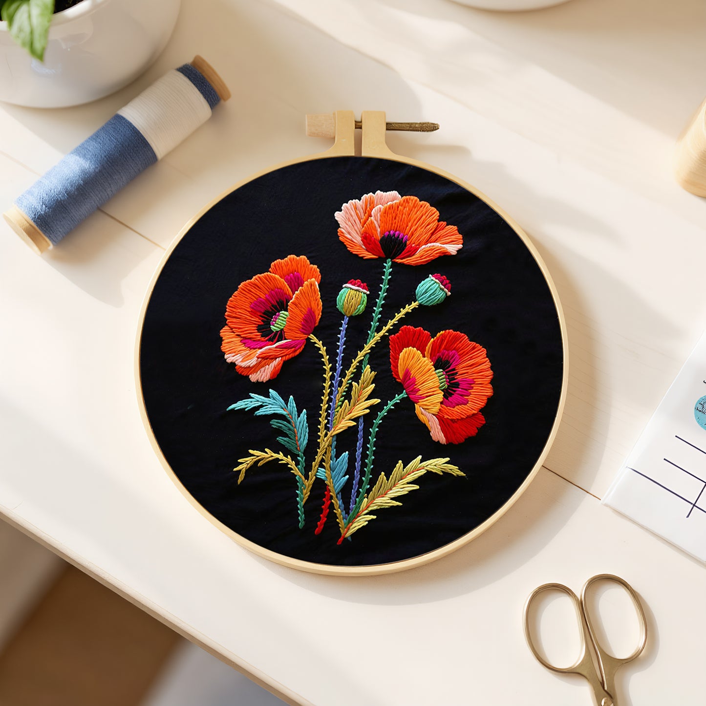 Poppy Flowers - DIY Embroidery Cross Stitch Kit with Pattern Cotton Threads Needles Hoop 30x30CM/11.81x11.81in