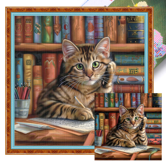 Writing Cat - Full 11CT Stamped Cross Stitch 45x45CM - Huacan