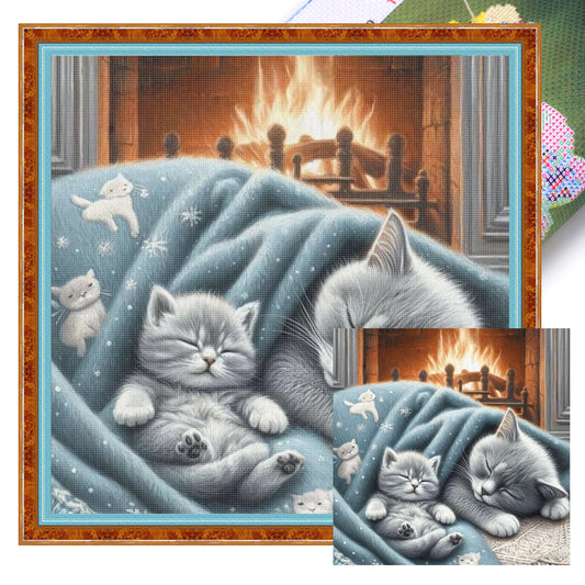 Sleeping Cat - Full 11CT Stamped Cross Stitch 45x45CM - Huacan