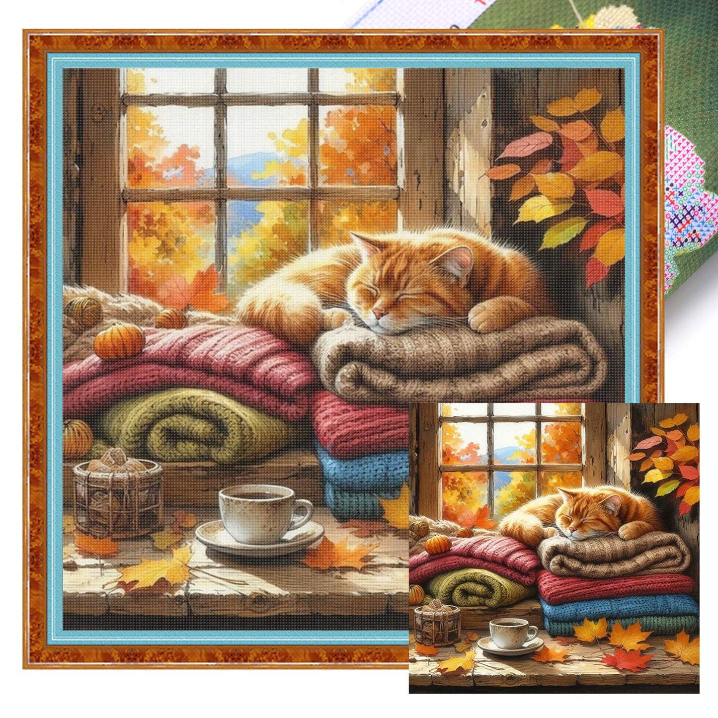 Sleeping Cat By The Window - Full 11CT Stamped Cross Stitch 45x45CM - Huacan