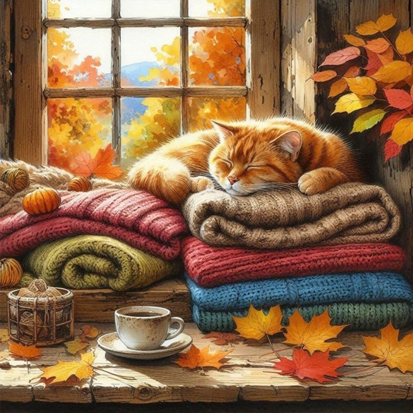 Sleeping Cat By The Window - Full 11CT Stamped Cross Stitch 45x45CM - Huacan