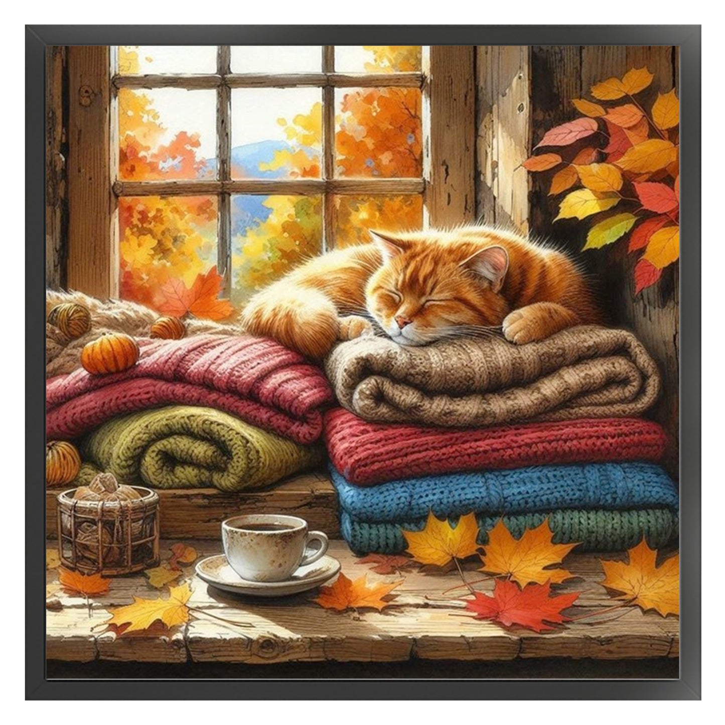 Sleeping Cat By The Window - Full 11CT Stamped Cross Stitch 45x45CM - Huacan