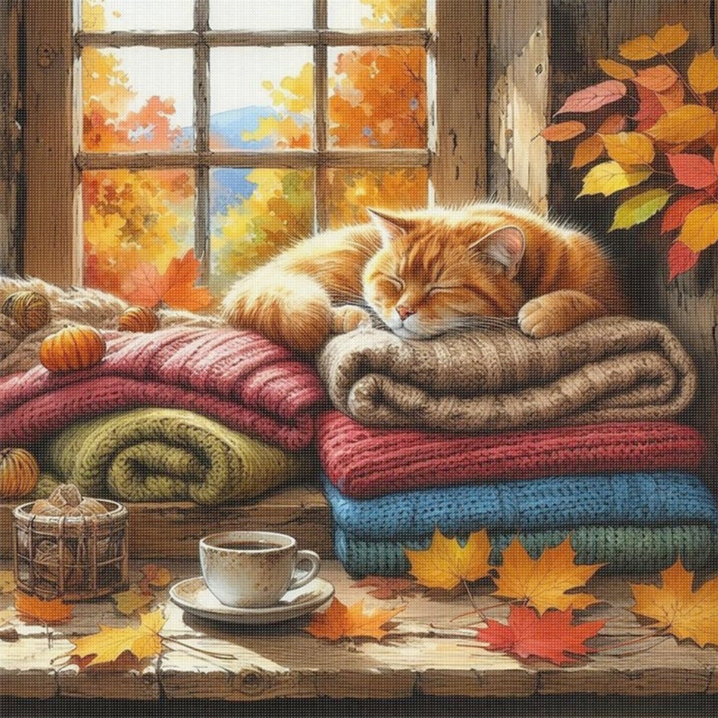 Sleeping Cat By The Window - Full 11CT Stamped Cross Stitch 45x45CM - Huacan