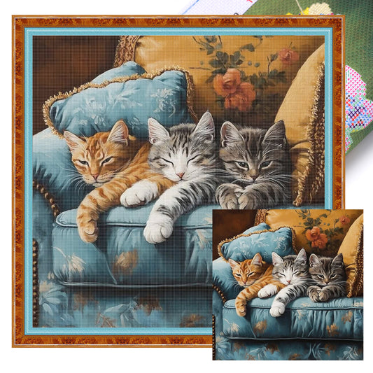 Sleeping Cat On Sofa - Full 11CT Stamped Cross Stitch 45x45CM - Huacan
