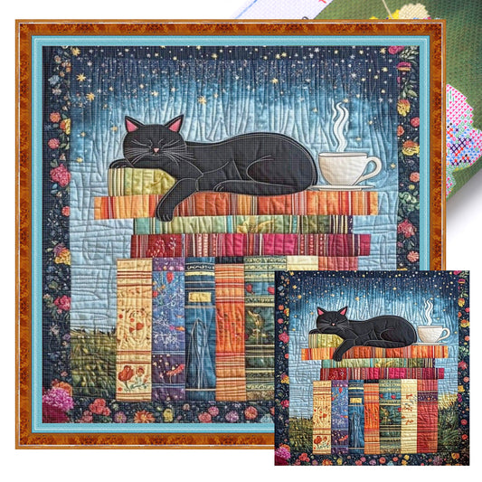 Sleeping Cat On Book - Full 11CT Stamped Cross Stitch 45x45CM - Huacan