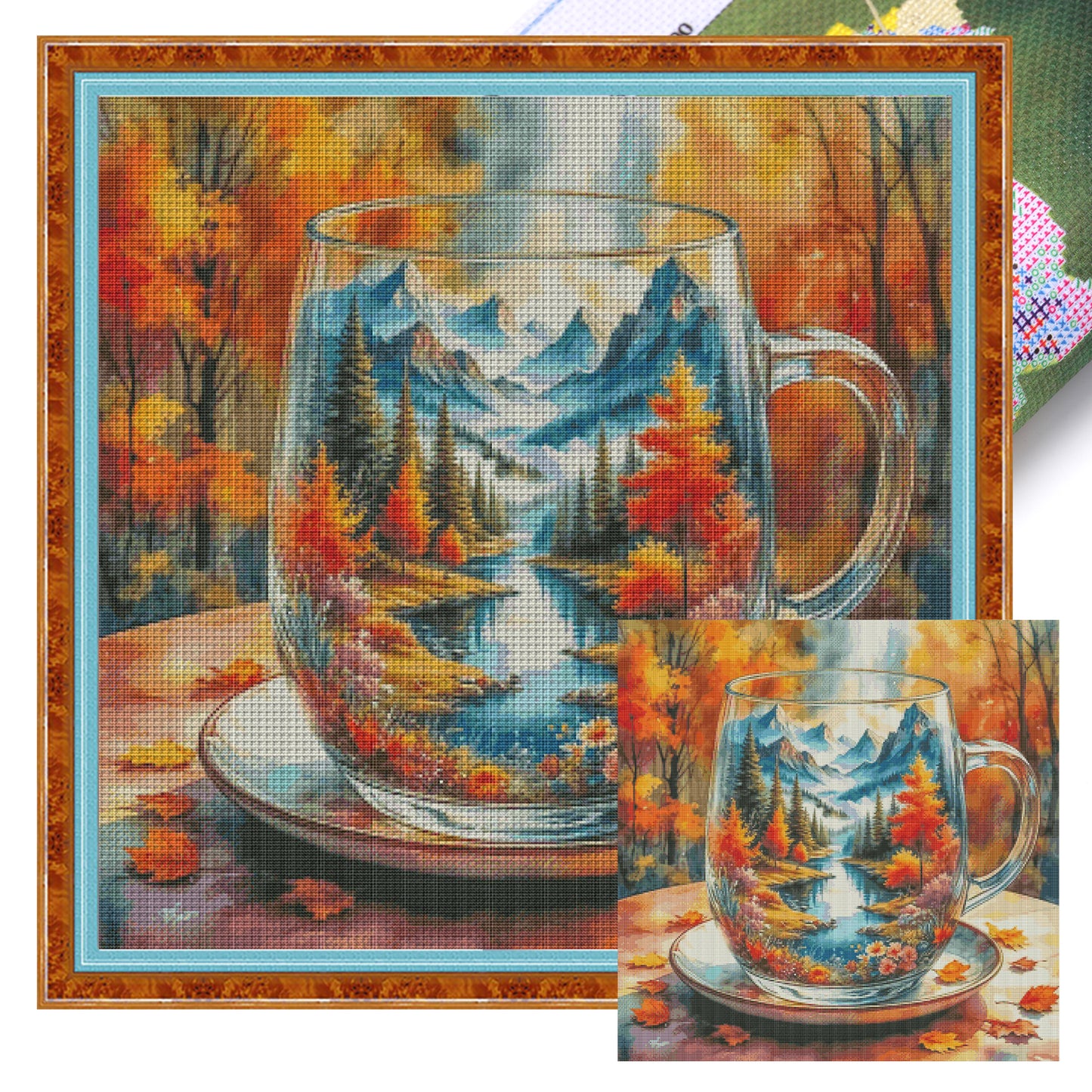 Mini World In Cup - Autumn - Full 14CT Stamped Cross Stitch 65x65CM - Fairy Egyptian Cotton