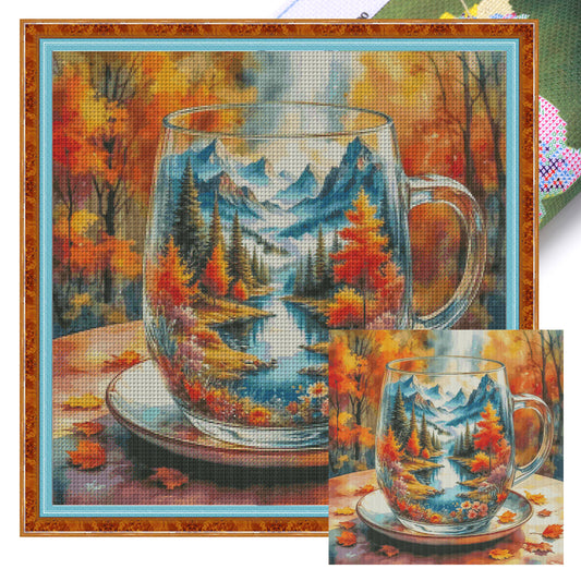 Mini World In Cup - Autumn - Full 14CT Stamped Cross Stitch 65x65CM - Fairy Egyptian Cotton