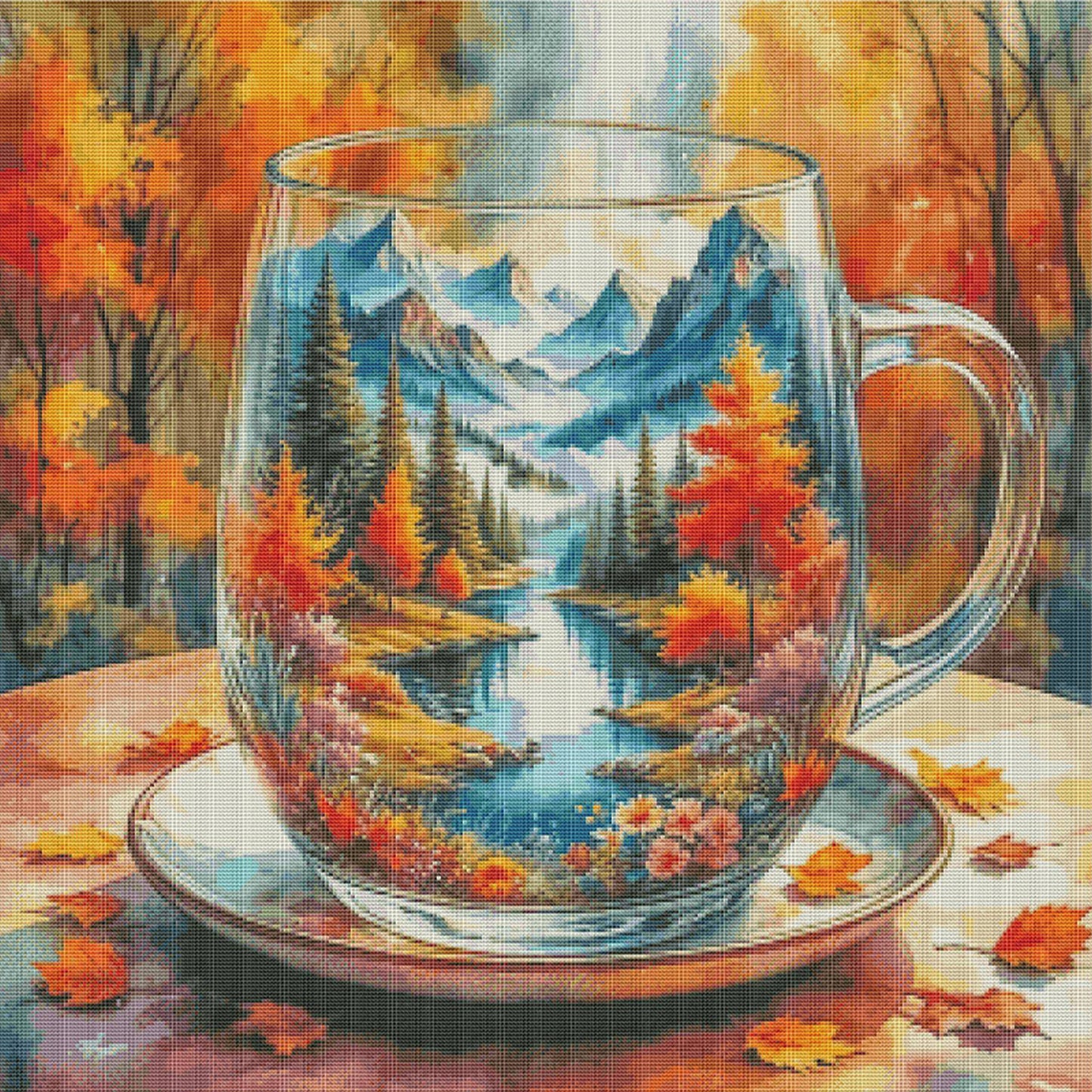 Mini World In Cup - Autumn - Full 14CT Stamped Cross Stitch 65x65CM - Fairy Egyptian Cotton