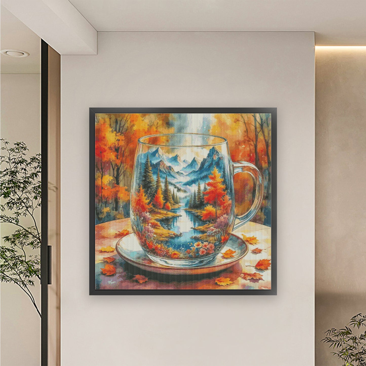 Mini World In Cup - Autumn - Full 14CT Stamped Cross Stitch 65x65CM - Fairy Egyptian Cotton