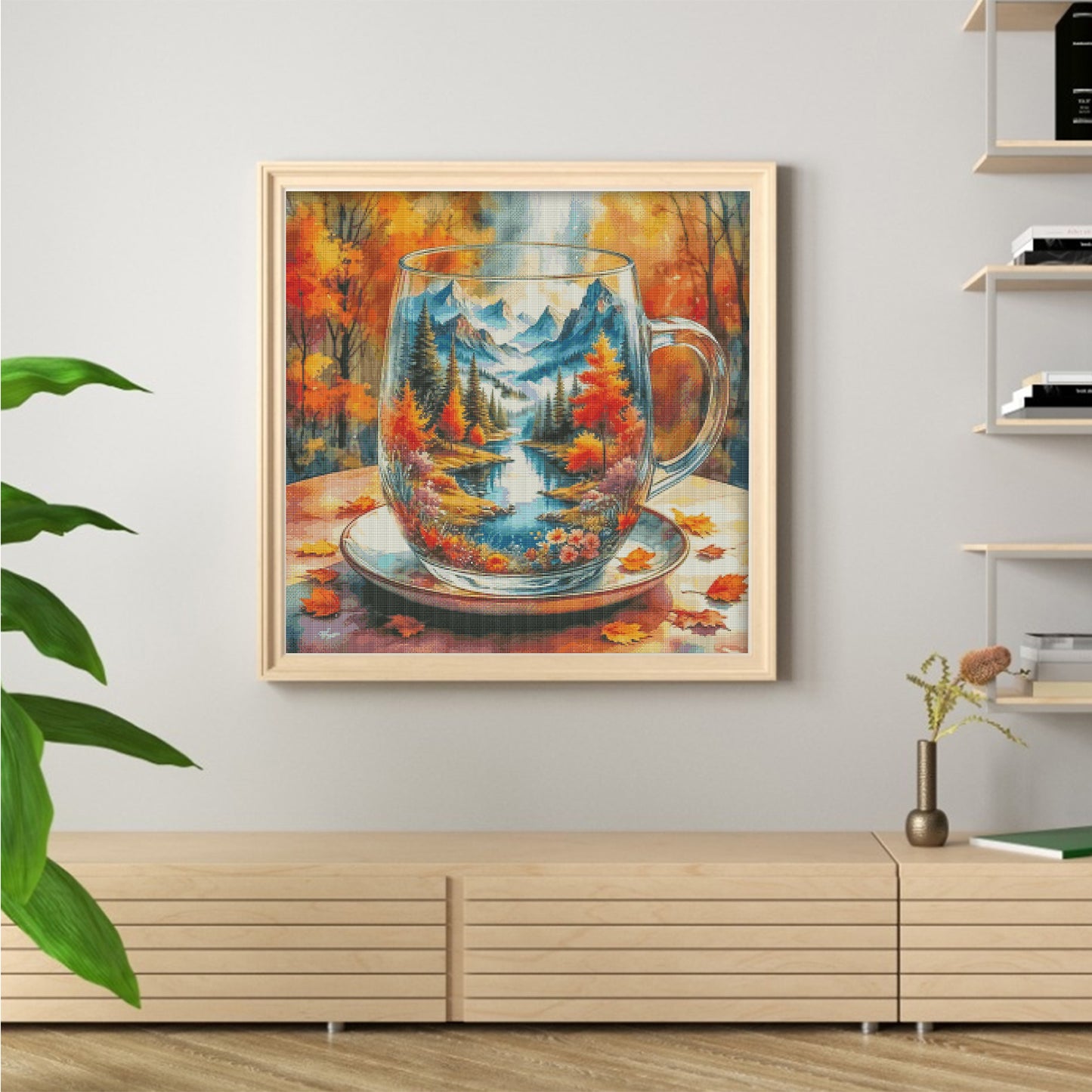 Mini World In Cup - Autumn - Full 14CT Stamped Cross Stitch 65x65CM - Fairy Egyptian Cotton