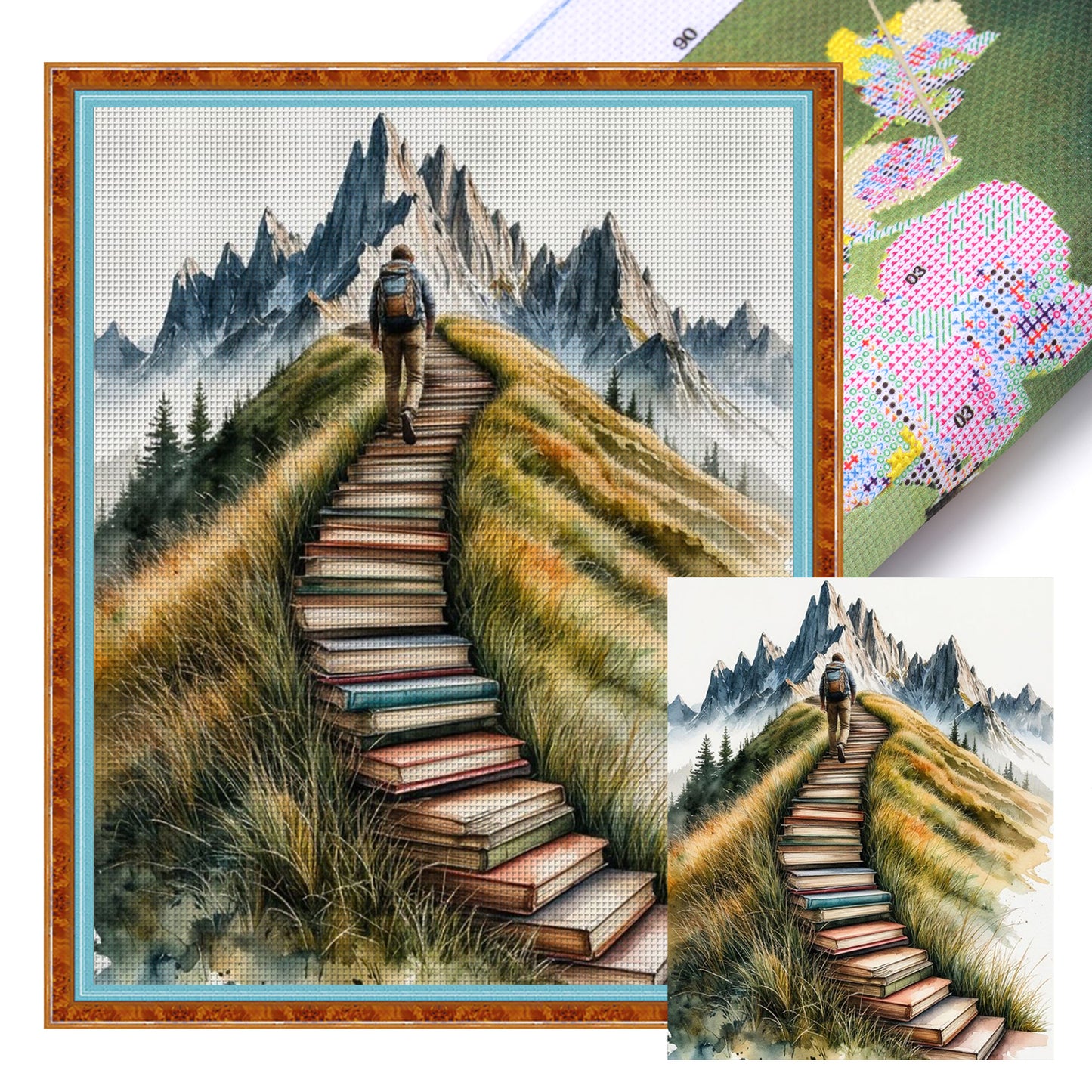 Book Stack Stairs - Full 11CT Stamped Cross Stitch 40x50CM - Yishu