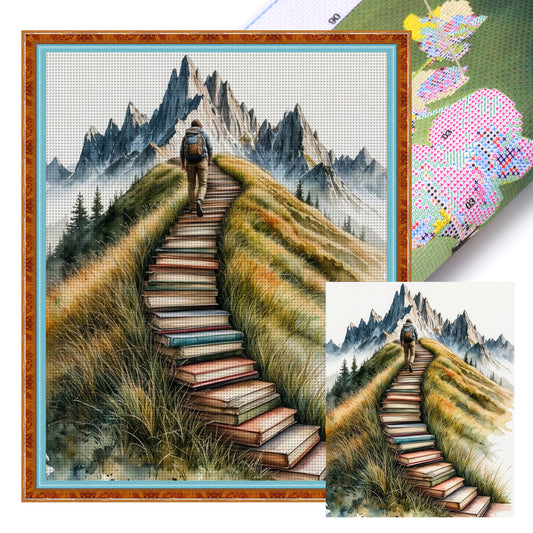 Book Stack Stairs - Full 11CT Stamped Cross Stitch 40x50CM - Yishu