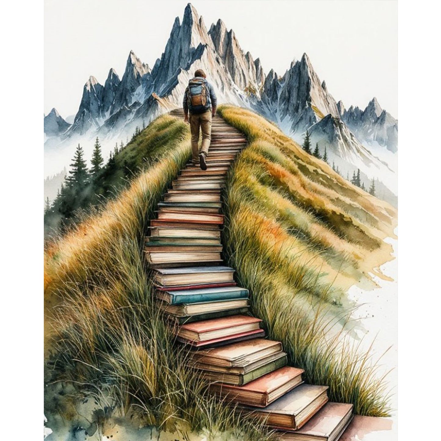 Book Stack Stairs - Full 11CT Stamped Cross Stitch 40x50CM - Yishu
