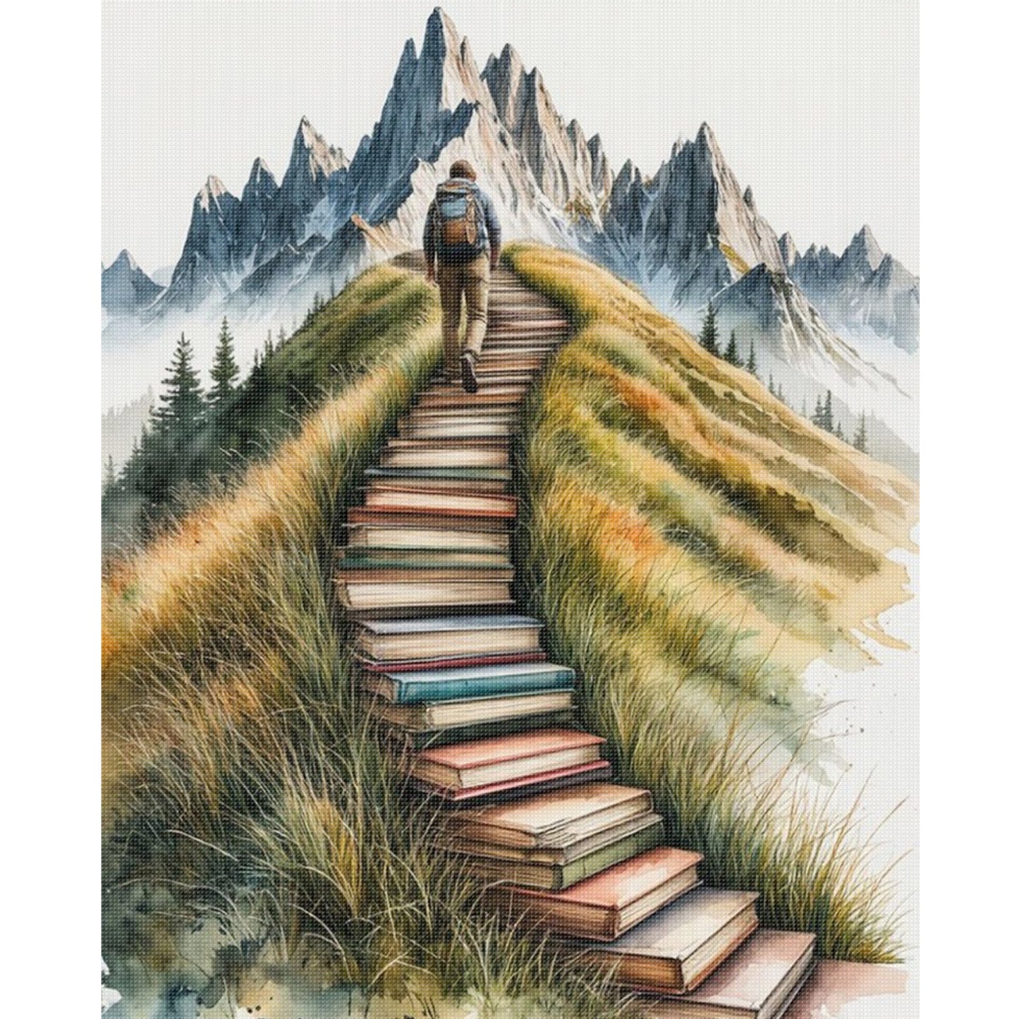 Book Stack Stairs - Full 11CT Stamped Cross Stitch 40x50CM - Yishu