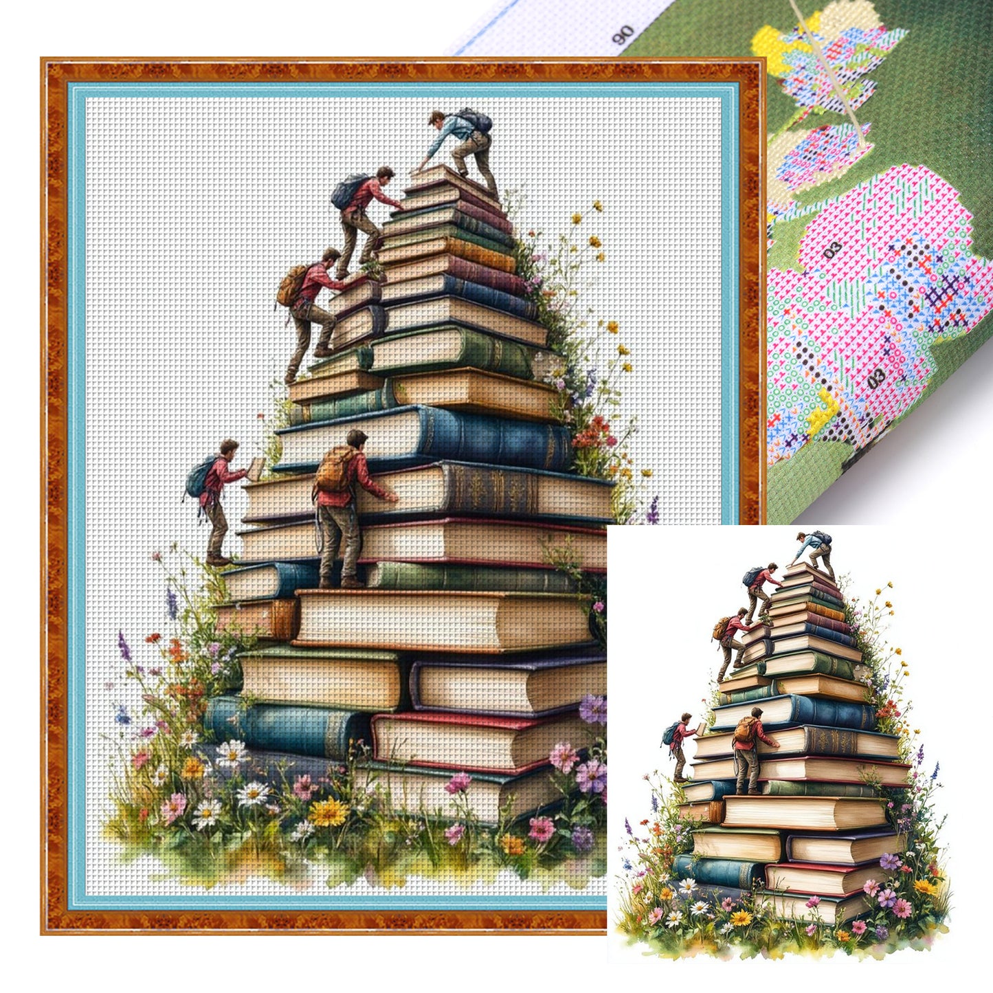 Book Stack Stairs - Full 11CT Stamped Cross Stitch 40x50CM - Yishu