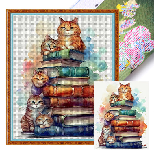 Cat On Book Stack - Full 11CT Stamped Cross Stitch 40x50CM - Yishu
