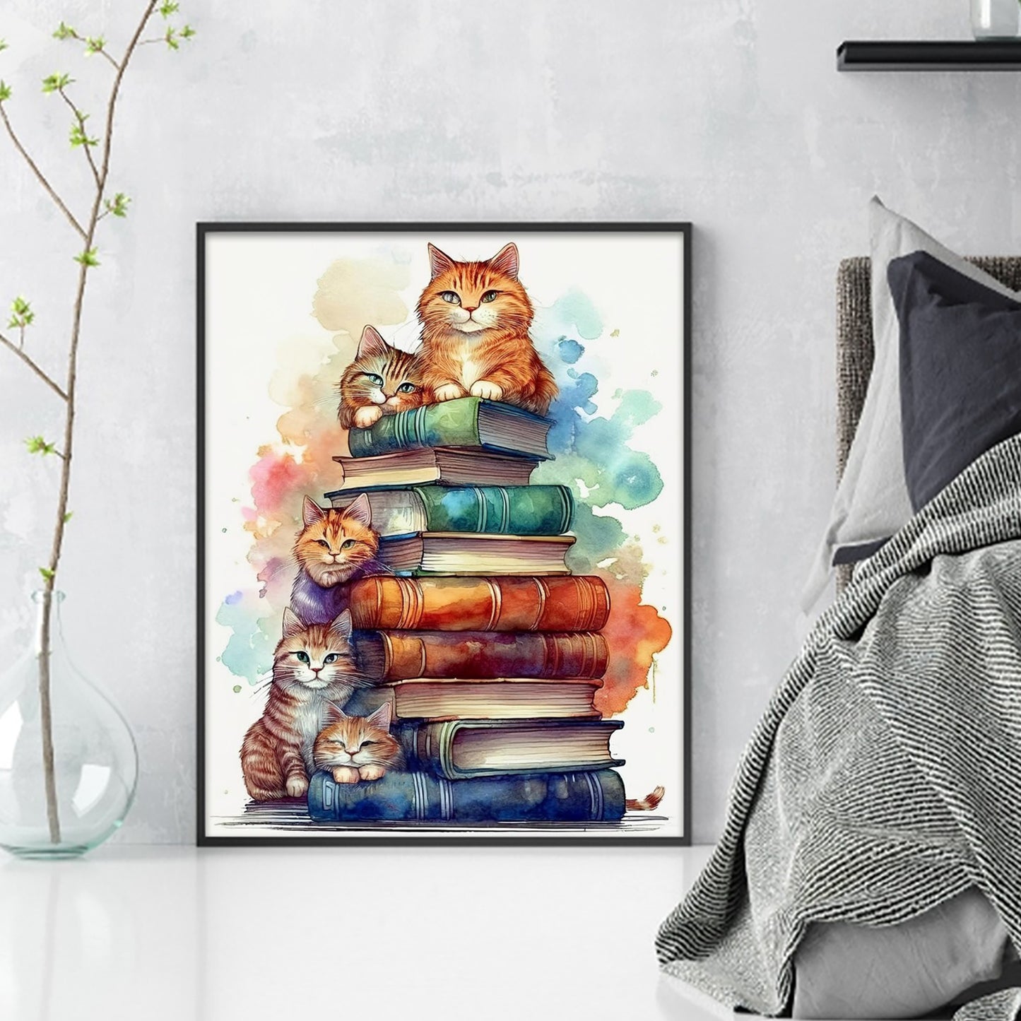 Cat On Book Stack - Full 11CT Stamped Cross Stitch 40x50CM - Yishu