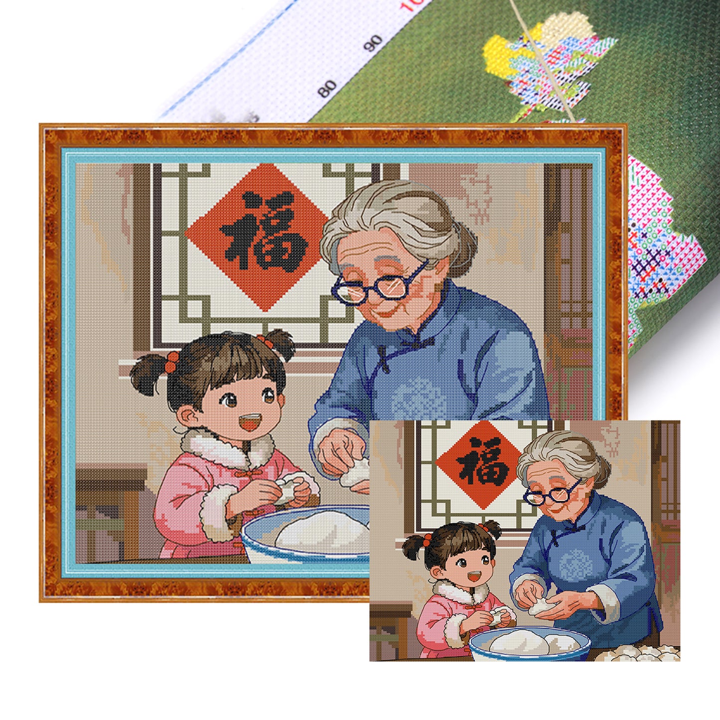 Grandmother And Girl - Full 14CT Stamped Cross Stitch 41x33CM - Joy Sunday Backstitch