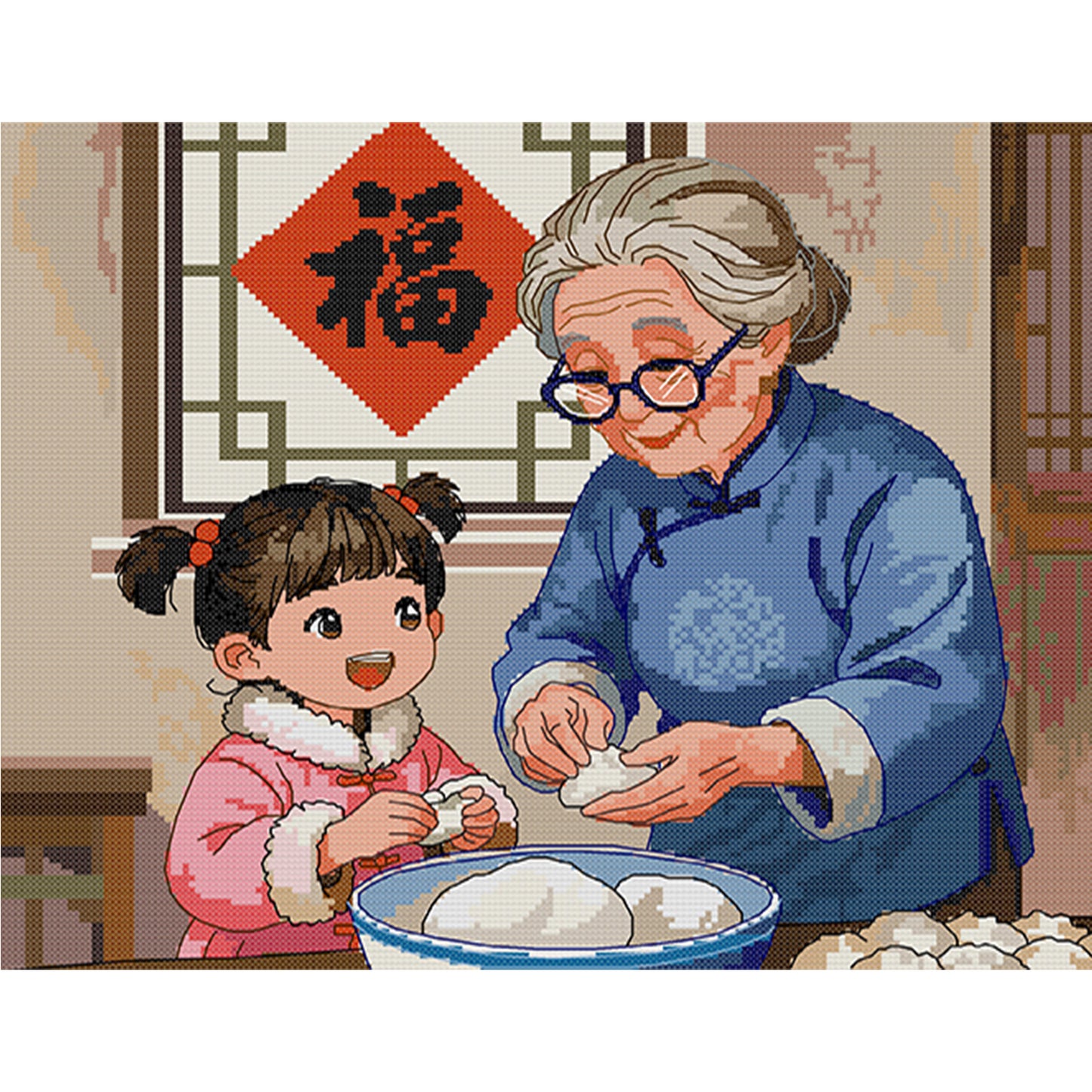 Grandmother And Girl - Full 14CT Stamped Cross Stitch 41x33CM - Joy Sunday Backstitch