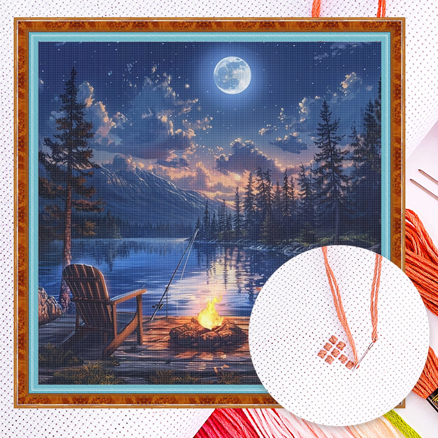 Bonfire By Lake - Full 14CT Counted Cross Stitch 40x40CM - Yishu