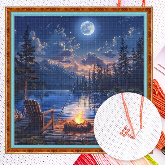 Bonfire By Lake - Full 14CT Counted Cross Stitch 40x40CM - Yishu
