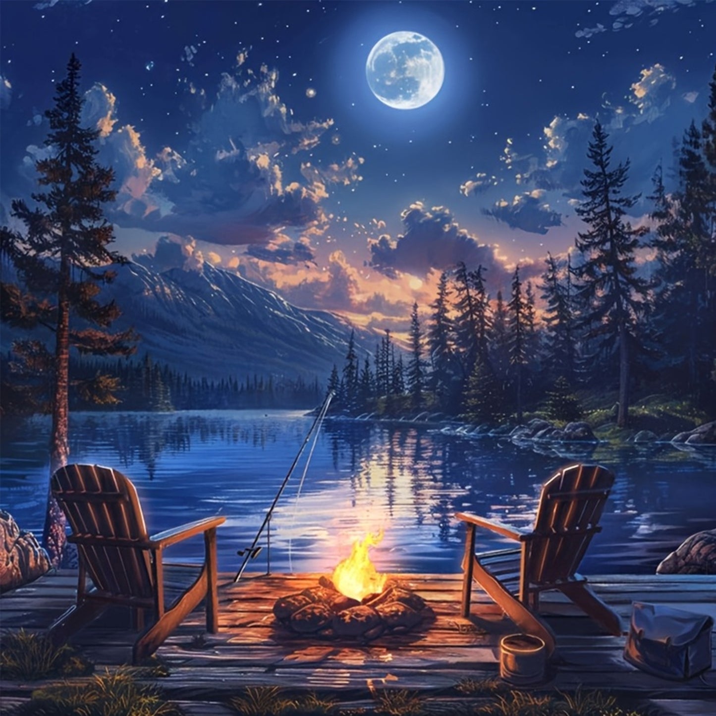 Bonfire By Lake - Full 14CT Counted Cross Stitch 40x40CM - Yishu
