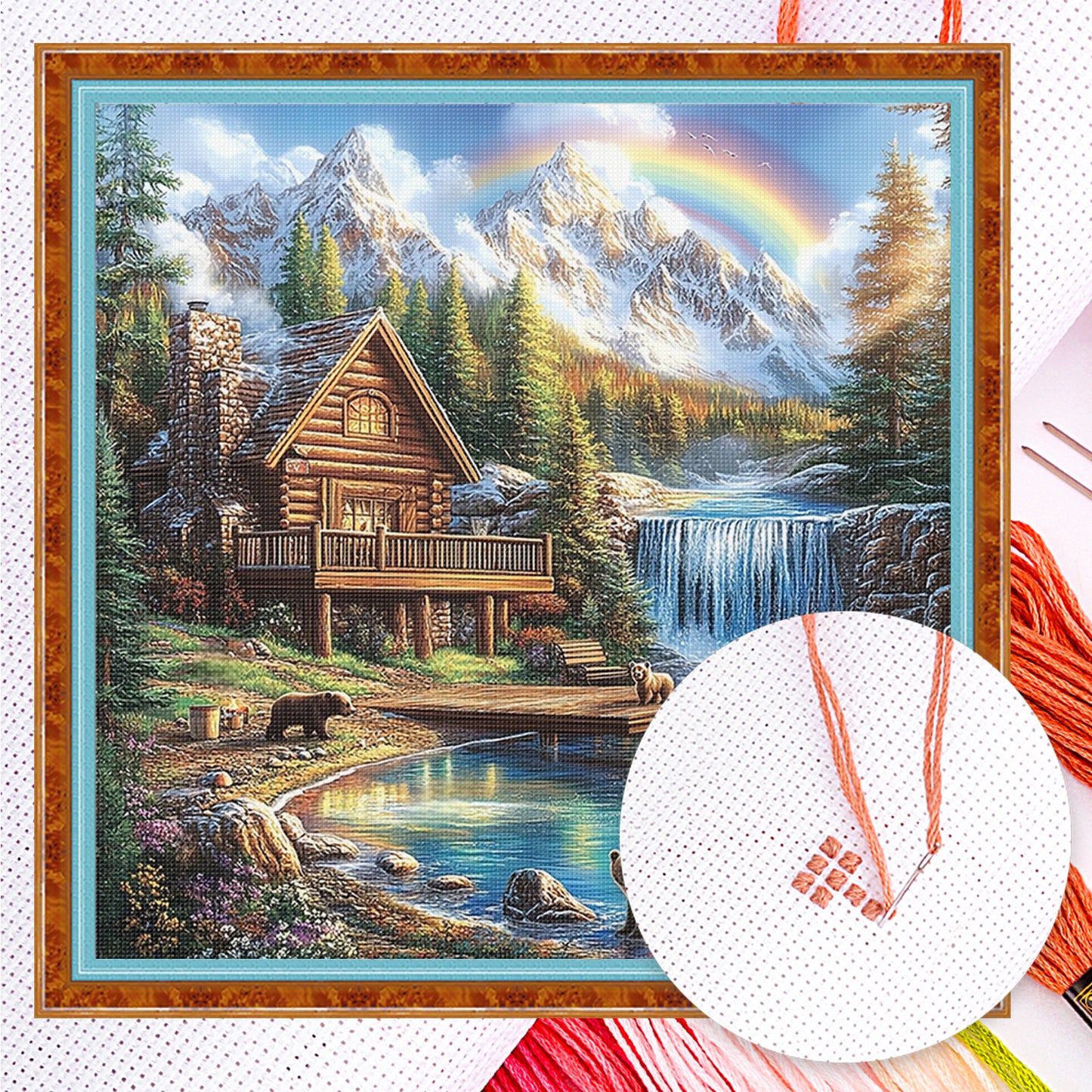 Cabin By River - Full 14CT Counted Cross Stitch 40x40CM - Yishu