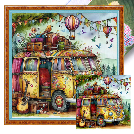 Camper Van - Full 11CT Stamped Cross Stitch 40x40CM - Huacan