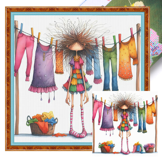 Girl Hanging Laundry - Full 14CT Stamped Cross Stitch 45x45CM - Huacan