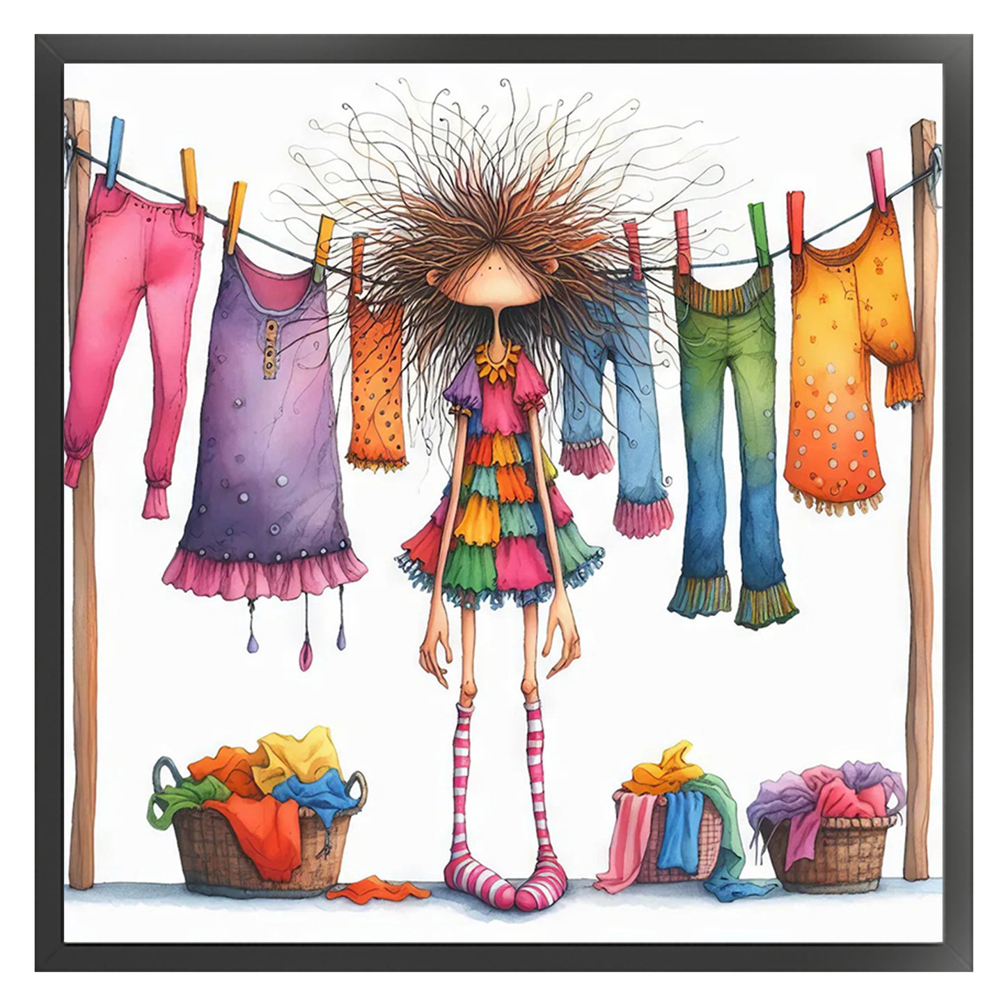 Girl Hanging Laundry - Full 14CT Stamped Cross Stitch 45x45CM - Huacan