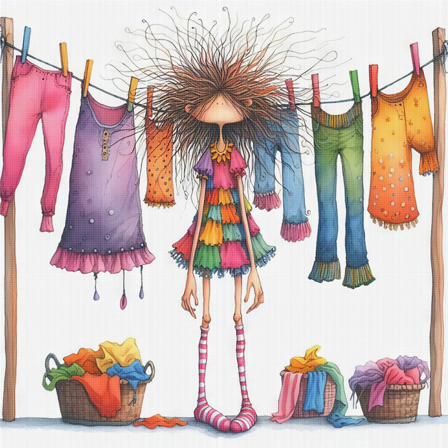 Girl Hanging Laundry - Full 14CT Stamped Cross Stitch 45x45CM - Huacan