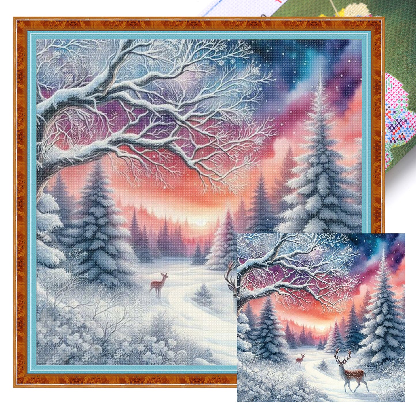Forest And Deer - Full 11CT Stamped Cross Stitch 45x45CM - Huacan